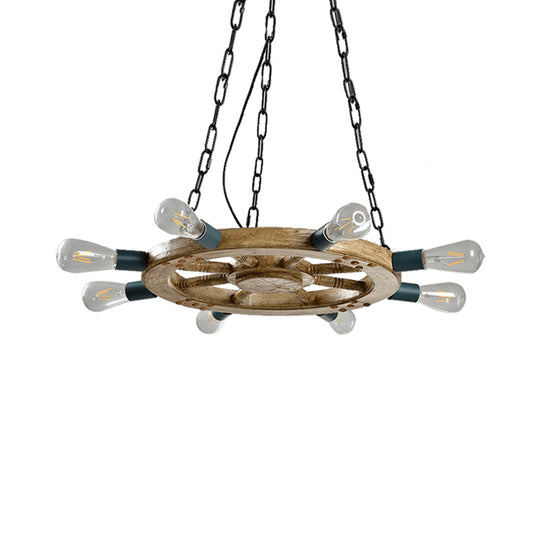 Industrial Wood Wheel Chandelier With 8 Lights & Chain - Black Dining Room Ceiling Fixture