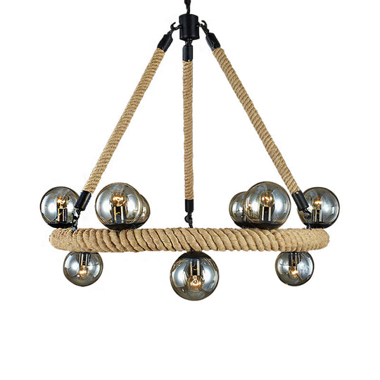 Industrial Rope Chandelier with Glass Shade - Beige 9-Light Fixture for Dining Room