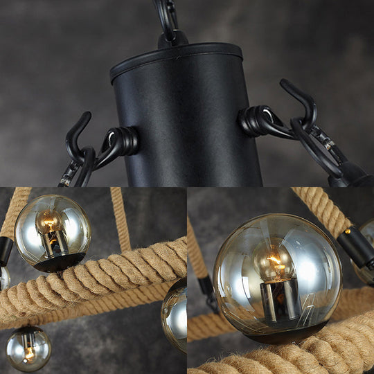 Beige 9-Light Chandelier With Industrial Rope Design Glass Shade - Perfect For Dining Room