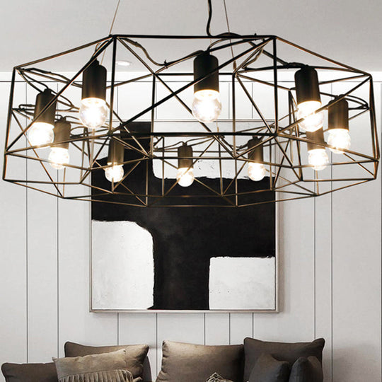 Modern Black Geometric Pendant Light With Clear Glass Shade - Farmhouse 10-Light Chandelier For