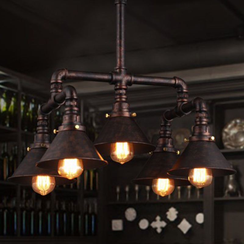 Metal Industrial 5-Bulb Ceiling Pendant Light With Cone Shade - Rust Finish For Dining Room