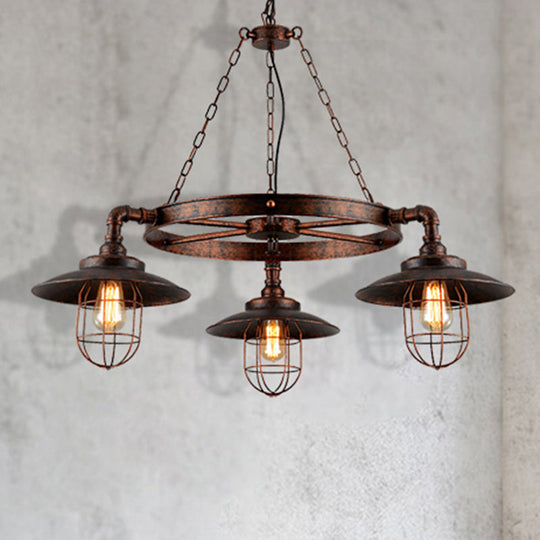 Industrial Weathered Copper Wagon Wheel Chandelier - Rustic 3-Light Pendant Light With Cage For