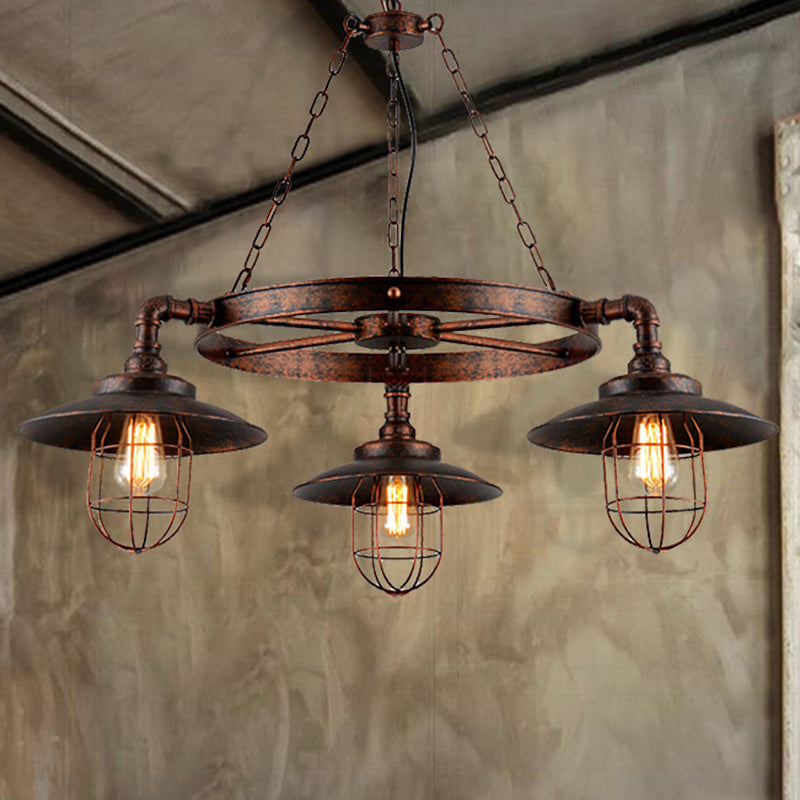 Industrial Weathered Copper Wagon Wheel Chandelier - Rustic 3-Light Pendant Light With Cage For