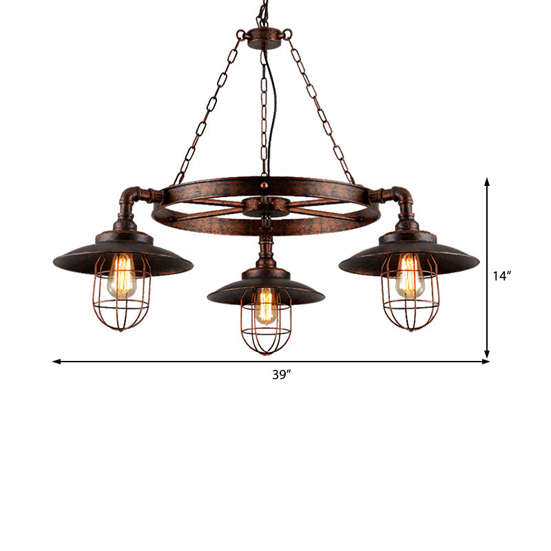 Industrial Weathered Copper Metal Hanging Chandelier - 3-Light Wagon Wheel Shade Pendant Light with Cage for Kitchen