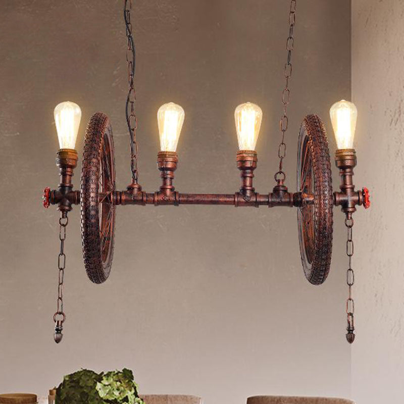 Industrial Weathered Copper Wheel 4-Bulb Hanging Light Kit For Dining Room Island