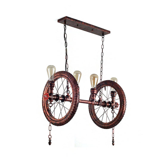 Industrial Weathered Copper Wheel 4-Bulb Hanging Light Kit For Dining Room Island