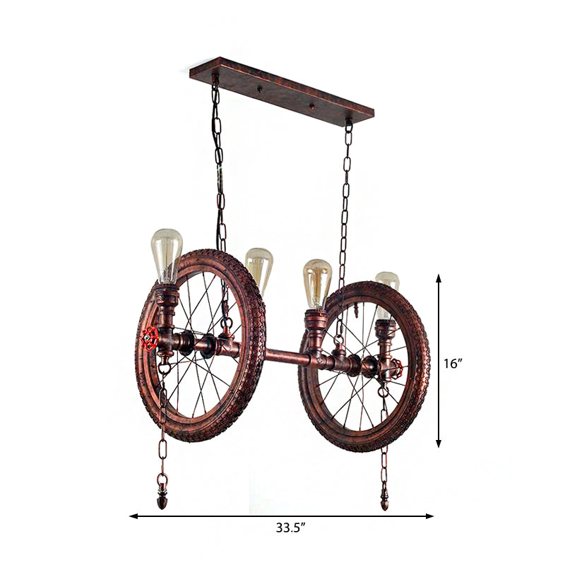 Industrial Weathered Copper Wheel 4-Bulb Hanging Light Kit For Dining Room Island