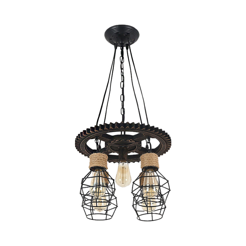 Industrial Black Metal and Rope Pendant Chandelier with Gear Shelf - 5-Light Globe Design for Dining Room - Hangs from Ceiling