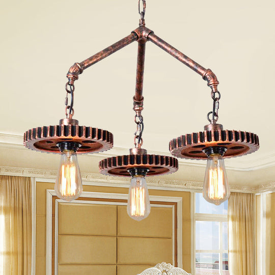 Industrial Open Metal Chandelier - 3-Light Pendant Lighting in Weathered Copper Gear for Dining Room