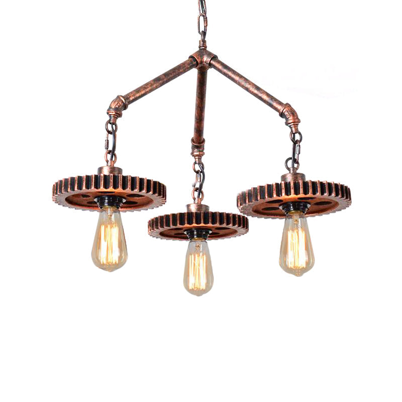 Industrial 3-Light Metal Chandelier In Weathered Copper Gear - Open Design For Dining Room Pendant