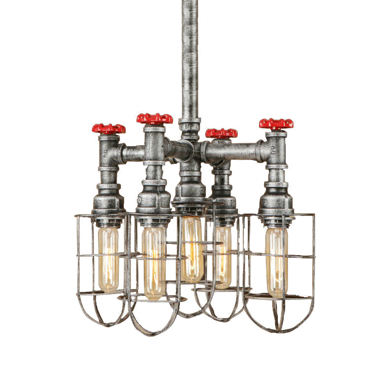 Industrial Caged Amber Glass Ceiling Chandelier - 5-Light Silver Pendant With Valve