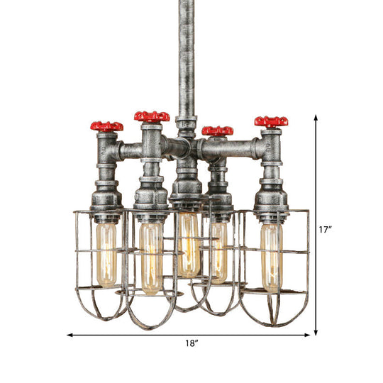 Industrial Caged Amber Glass Ceiling Chandelier - 5-Light Silver Pendant With Valve