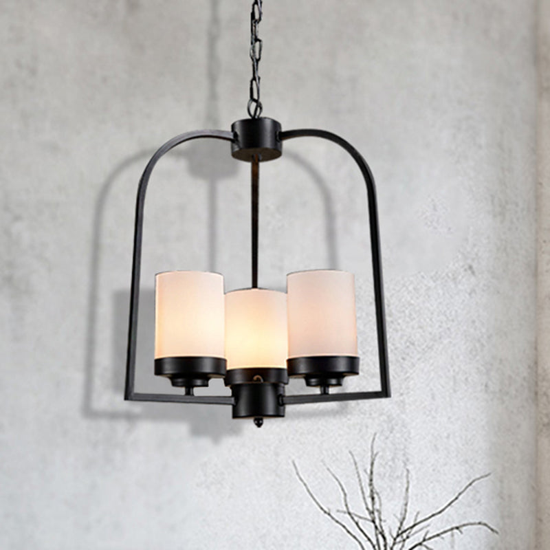 Opal Glass Industrial Chandelier - Matte Black 3 Light Dining Room Hanging Lamp