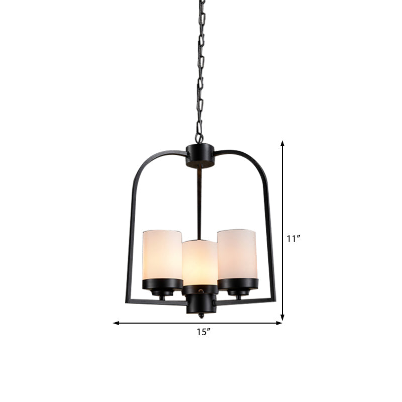 Opal Glass Industrial Chandelier - Matte Black 3 Light Dining Room Hanging Lamp