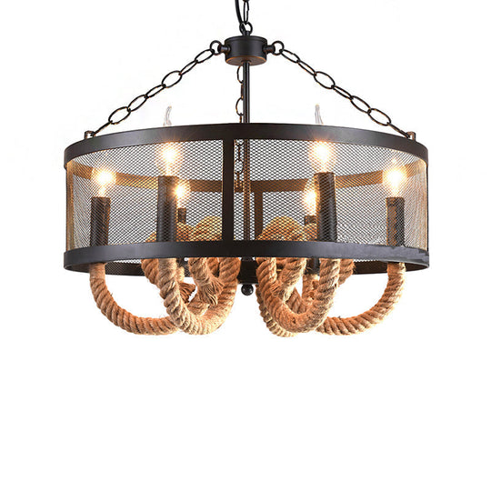 Black Pendant Lamp With 6-Light Industrial Chandelier And Wire Mesh