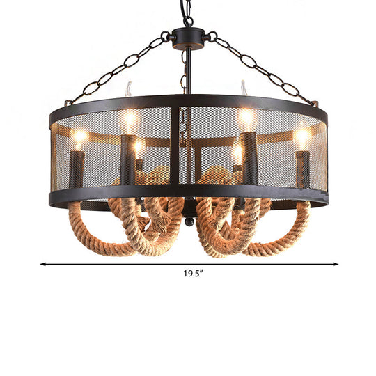 Black Pendant Lamp With 6-Light Industrial Chandelier And Wire Mesh