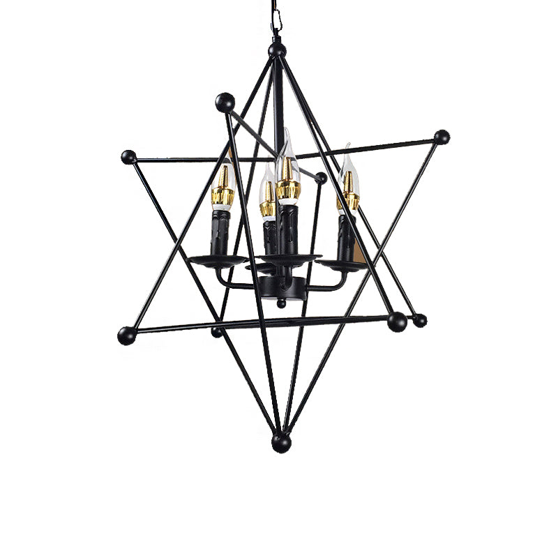 Industrial Black Metal Hanging Chandelier - 4-Light Candle Pendant Light Fixture With Cage For