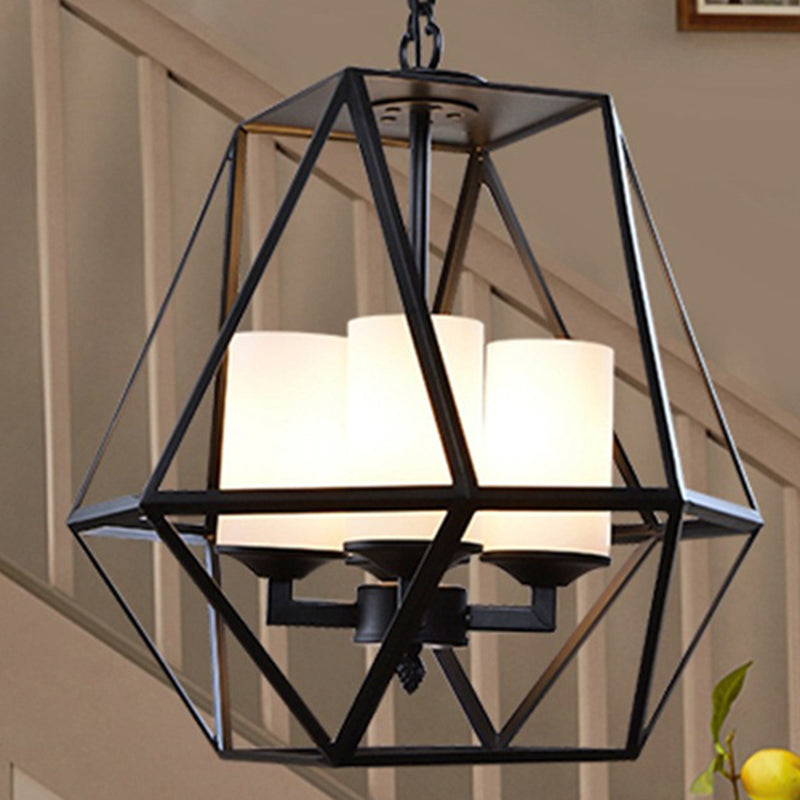 Geometric Opal Glass Dining Room Pendant Chandelier | Industrial Black Hanging Fixture with Cage | 3/4 Light