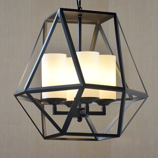 Modern Geometric Dining Room Pendant Chandelier With Opal Glass And Black Cage 3/4 Light Hanging