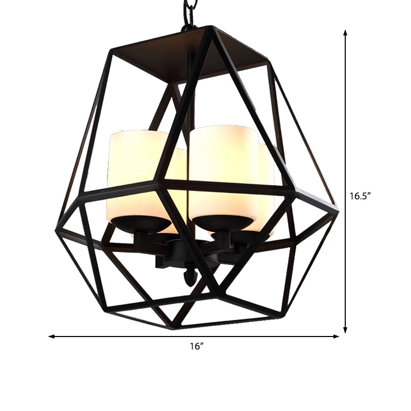 Modern Geometric Dining Room Pendant Chandelier With Opal Glass And Black Cage 3/4 Light Hanging