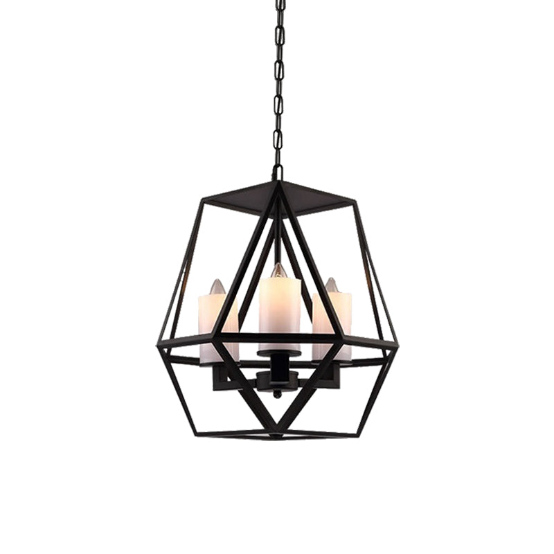 Geometric Opal Glass Dining Room Pendant Chandelier | Industrial Black Hanging Fixture with Cage | 3/4 Light