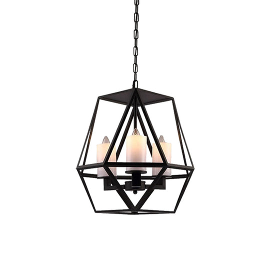 Modern Geometric Dining Room Pendant Chandelier With Opal Glass And Black Cage 3/4 Light Hanging