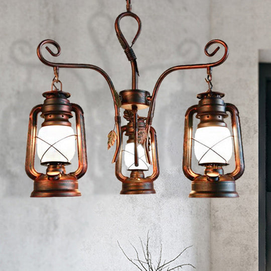 Coastal Opal Glass Lantern Chandelier - Weathered Copper Pendant Lighting for Dining Room, 3 Lights