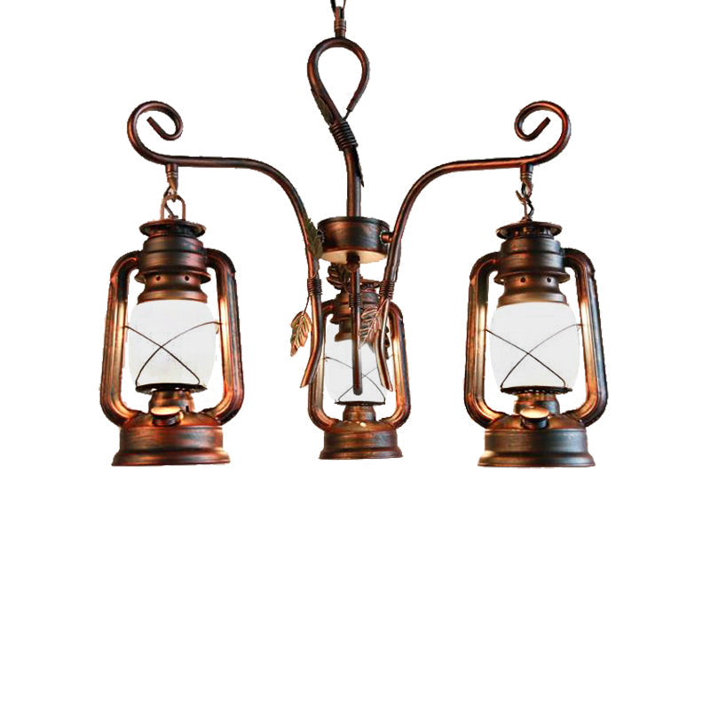 Coastal Opal Glass Lantern Chandelier - Weathered Copper Pendant Lighting for Dining Room, 3 Lights