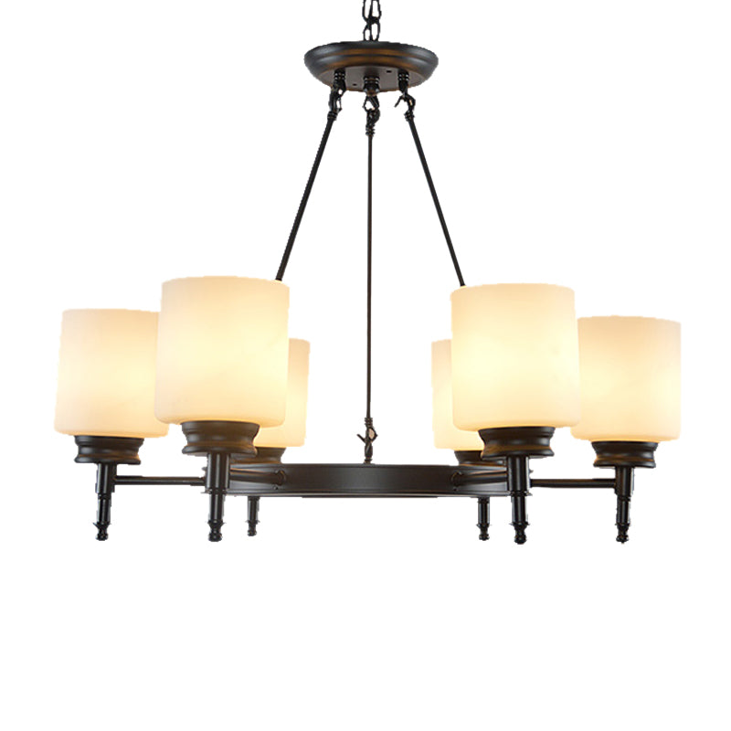 Traditional Black Wheel Chandelier With Frosted Glass Shades - 3/6 Lights Elegant Hanging Ceiling