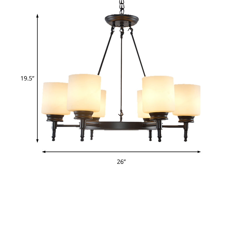 Traditional Black Wheel Chandelier With Frosted Glass Shades - 3/6 Lights Elegant Hanging Ceiling