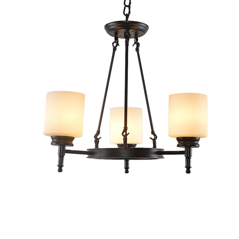 Traditional Black Wheel Chandelier With Frosted Glass Shades - 3/6 Lights Elegant Hanging Ceiling