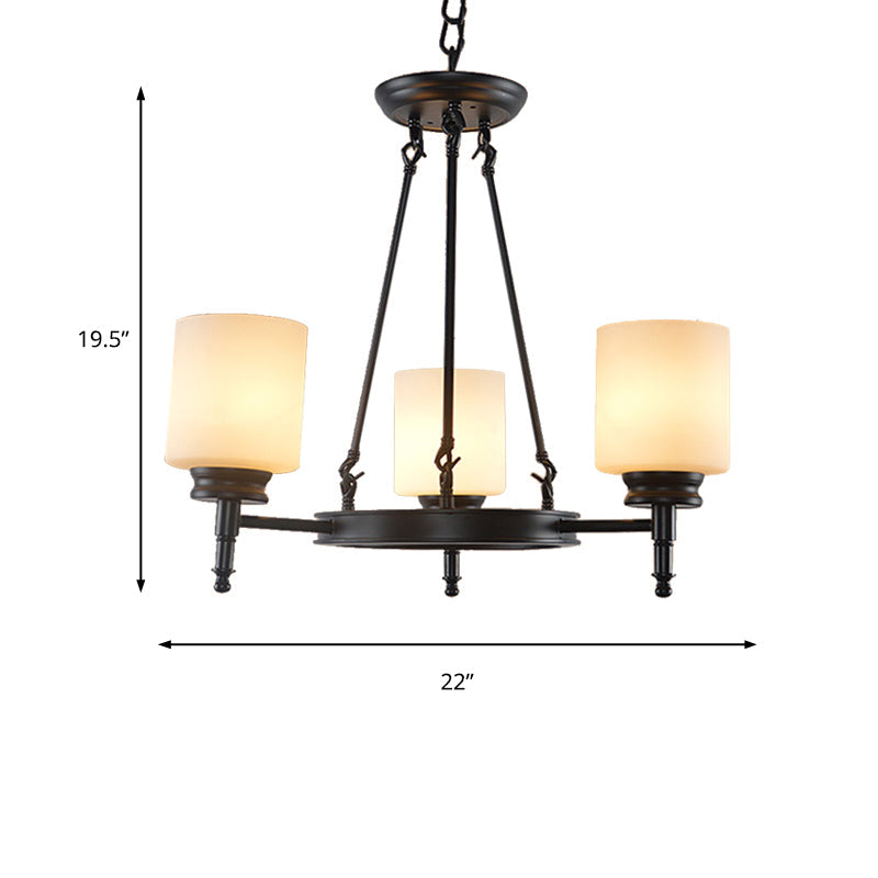 Traditional Black Wheel Chandelier With Frosted Glass Shades - 3/6 Lights Elegant Hanging Ceiling