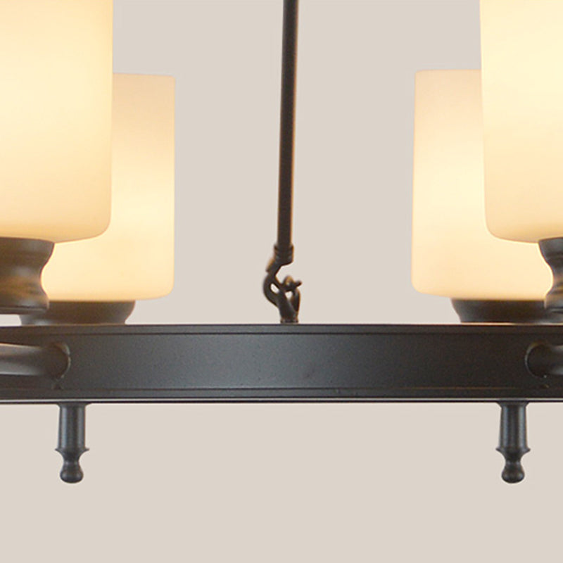 Traditional Black Wheel Chandelier With Frosted Glass Shades - 3/6 Lights Elegant Hanging Ceiling