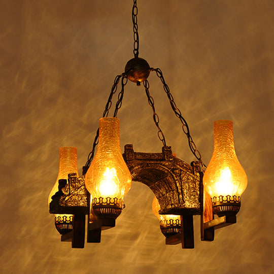 Yellow Crackle Glass Bronze Pendant Lamp with 4-Light Industrial Chandelier Design