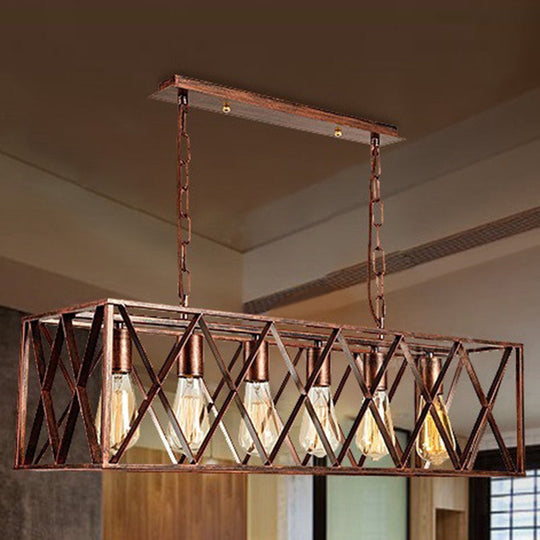 Industrial Cross-Framed Dining Room Island Light With 6 Rustic Metal Lights Rust