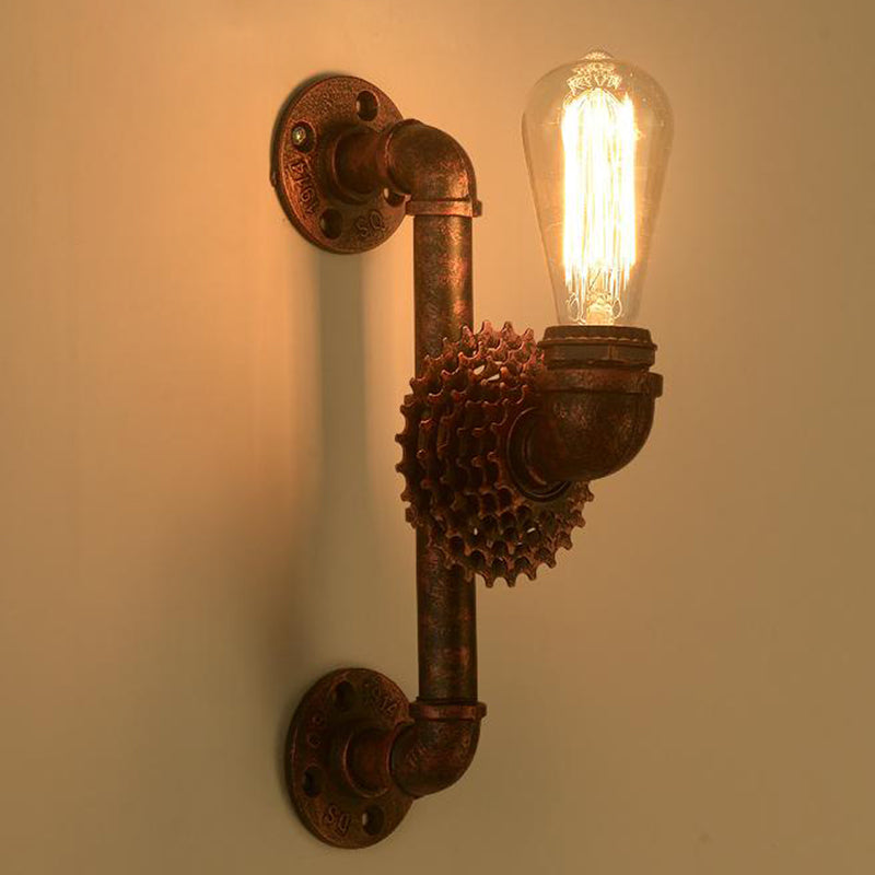 1-Light Industrial Weathered Copper Wall Lamp Sconce With Exposed Gear - Indoor Metal Light Fixture