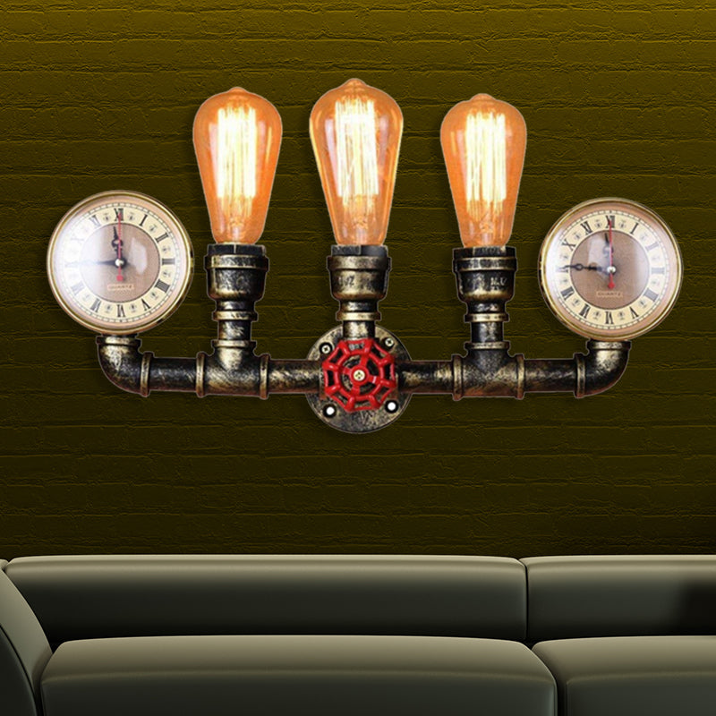 Industrial Metal Sconce Lighting: Wall Mounted Lamp With Pressure Gauge - 3 Bulbs Included