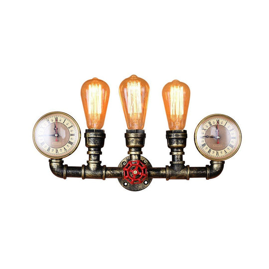 Industrial Metal Sconce Lighting: Wall Mounted Lamp With Pressure Gauge - 3 Bulbs Included