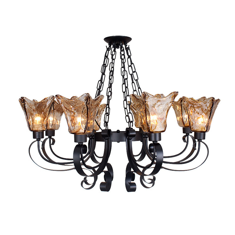 Classic Amber Glass Chandelier Pendant Light - 3/6/8 Bulb Scroll Ceiling Lamp Flower Shade For