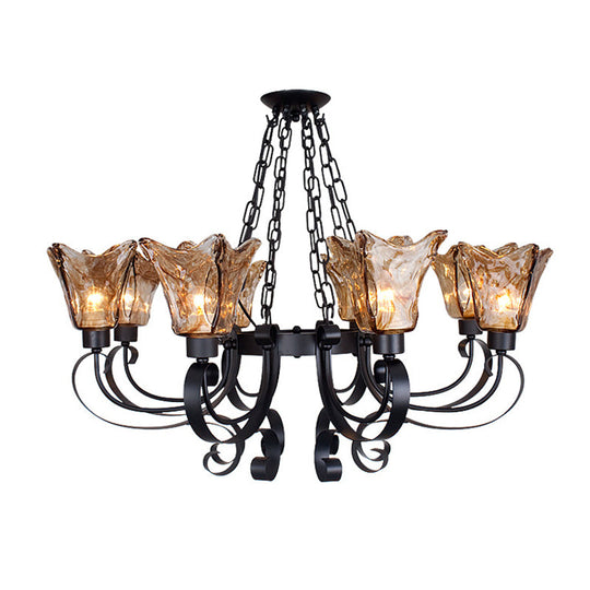 Classic Amber Glass Chandelier Pendant Light - 3/6/8 Bulb Scroll Ceiling Lamp Flower Shade For