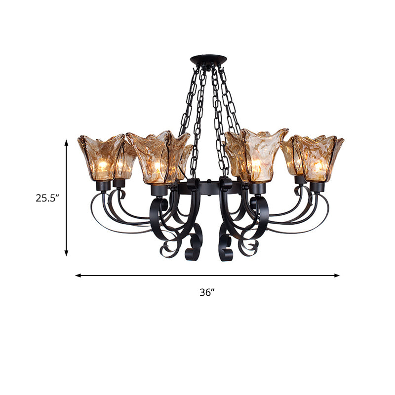 Classic Amber Glass Chandelier Pendant Light - 3/6/8 Bulb Scroll Ceiling Lamp Flower Shade For