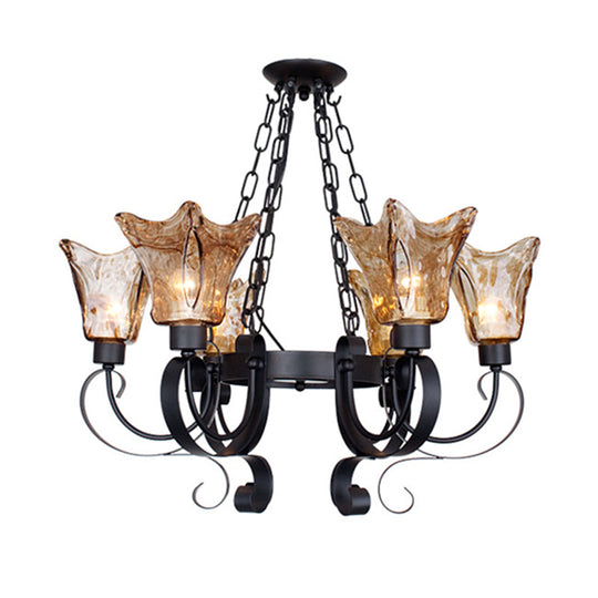 Classic Amber Glass Chandelier Pendant Light - 3/6/8 Bulb Scroll Ceiling Lamp Flower Shade For