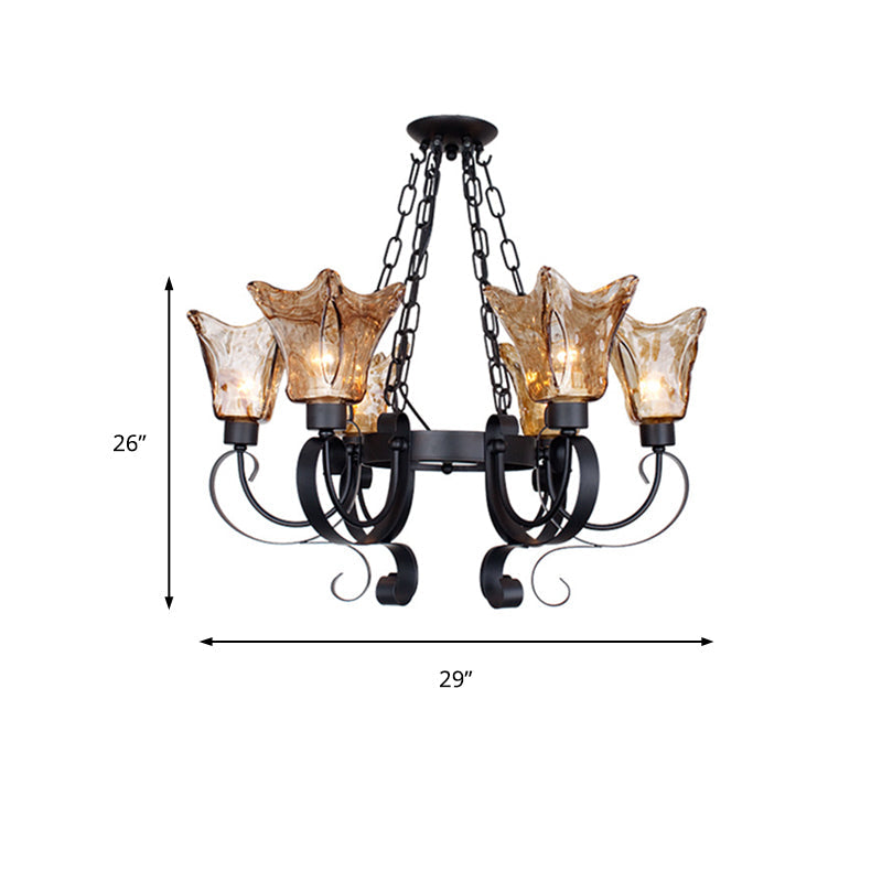 Classic Amber Glass Chandelier Pendant Light - 3/6/8 Bulb Scroll Ceiling Lamp Flower Shade For