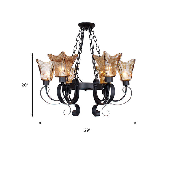 Classic Amber Glass Chandelier Pendant Light - 3/6/8 Bulb Scroll Ceiling Lamp Flower Shade For