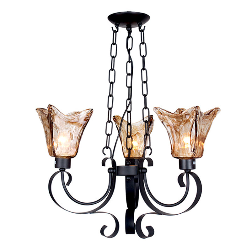 Classic Amber Glass Chandelier Pendant Light - 3/6/8 Bulb Scroll Ceiling Lamp Flower Shade For