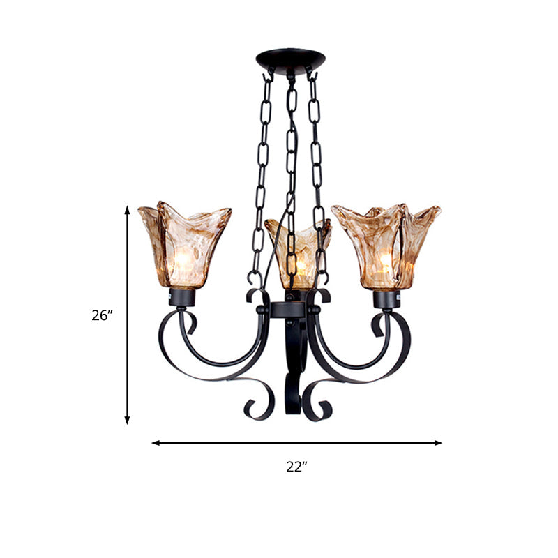 Classic Amber Glass Chandelier Pendant Light - 3/6/8 Bulb Scroll Ceiling Lamp Flower Shade For