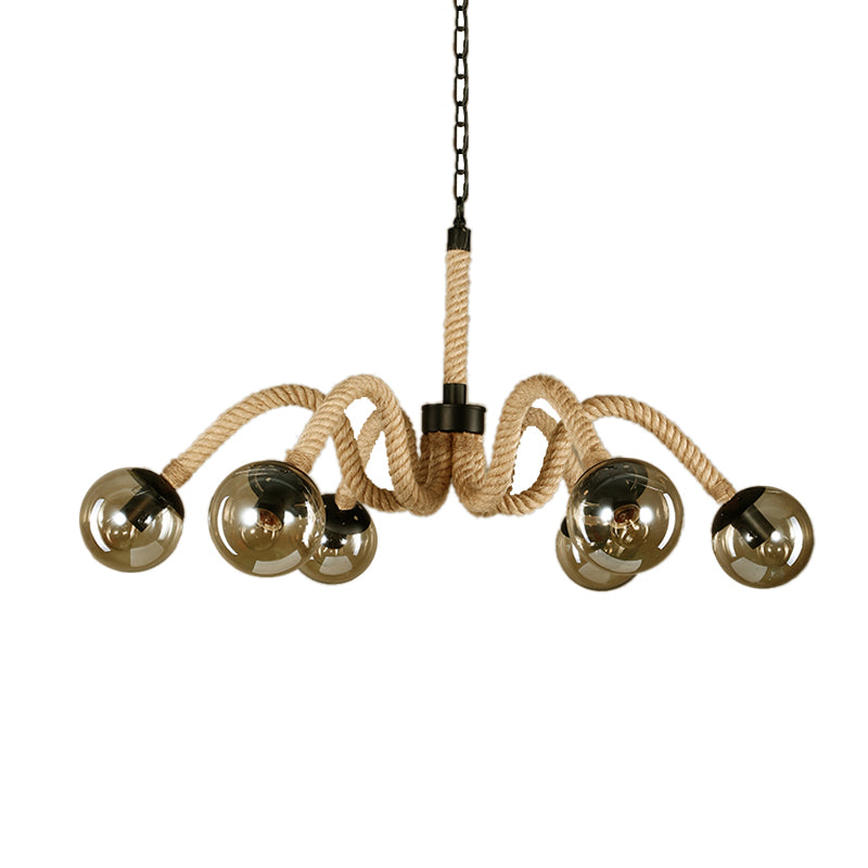 Traditional Rope Chandelier Light With Amber Glass Globe Shade - 6 Lights Living Room Pendant