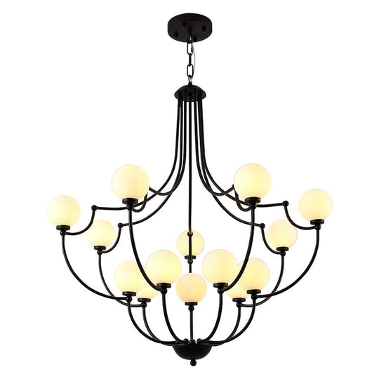 Black 14-Light Chandelier With Frosted Glass Traditional Molecular Pendant Lamp For Living Room