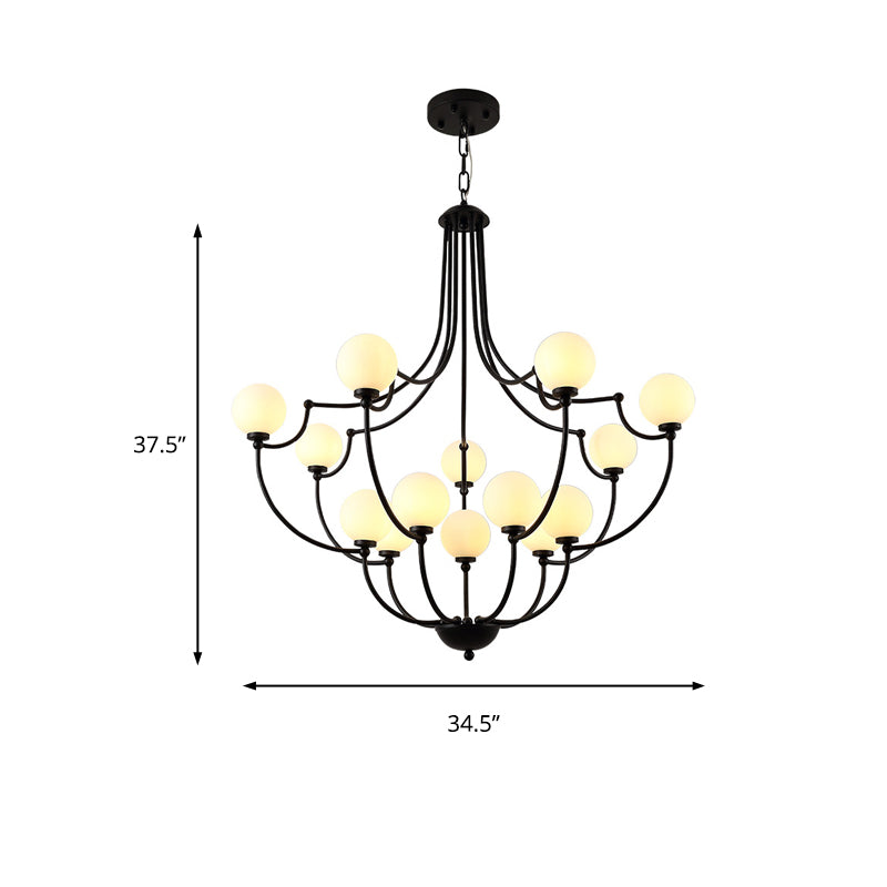 Black 14-Light Chandelier With Frosted Glass Traditional Molecular Pendant Lamp For Living Room