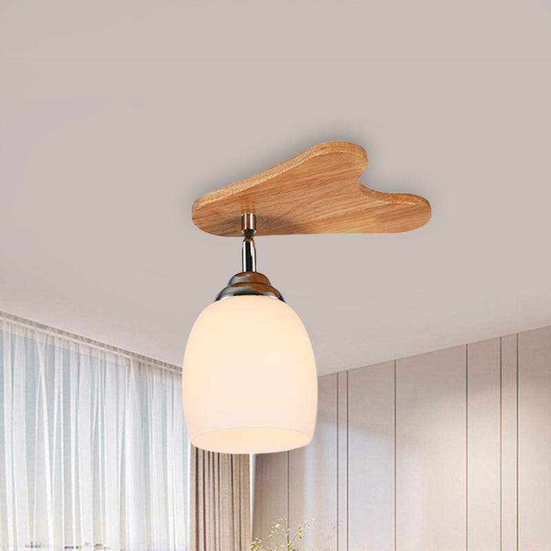 Contemporary Milk Glass Flush Mount Lamp with Wood Canopy - 1/3/4 Lights, Beige Finish